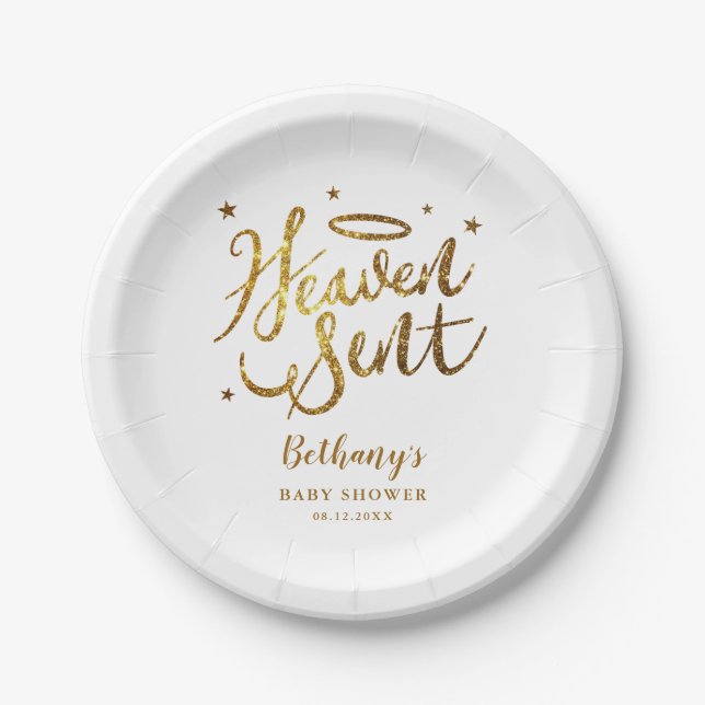 Heaven Sent Christian Theme Baby Shower Gold Paper Plate (Front)