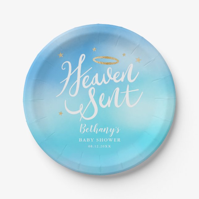 Heaven Sent Christian Theme Blue Baby Shower Paper Plate (Front)