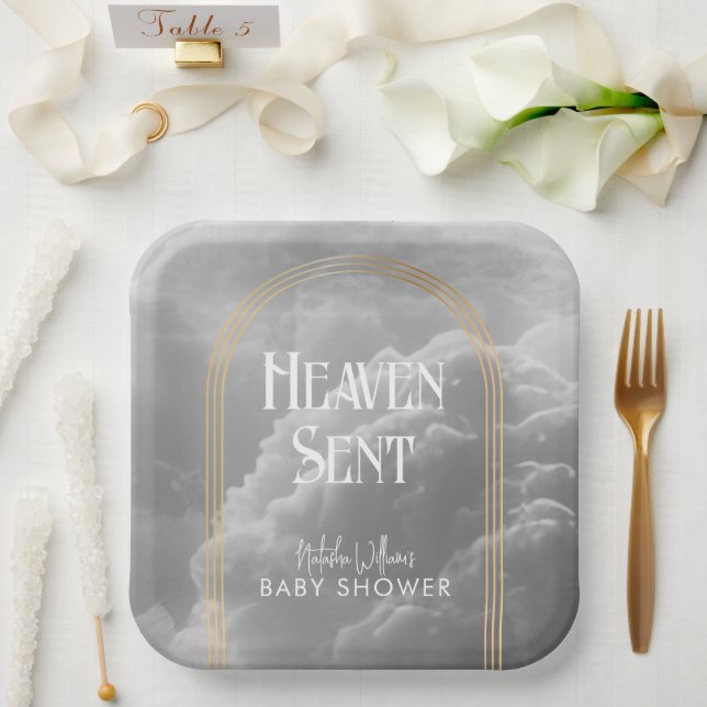 Heaven Sent Clouds Golden Neutral Baby Shower  Paper Plate (Wedding)