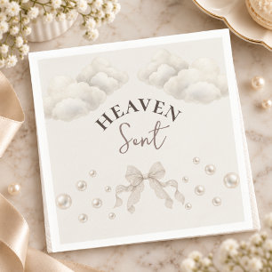 Heaven Sent Clouds Pearl Beige Bow Baby Shower Napkin