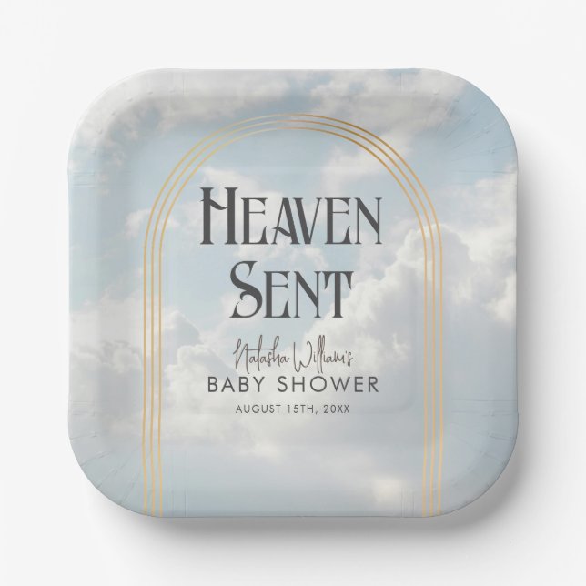 Heaven Sent Clouds Sky Boho Arch Baby Shower Paper Plate (Front)