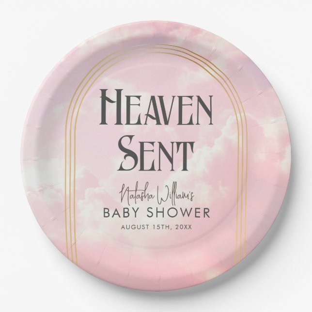 Heaven Sent Clouds Sky Boho Arch Baby Shower Paper Plate (Front)