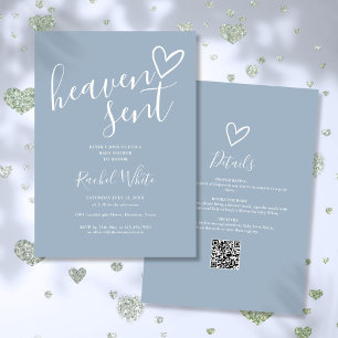 Heaven Sent Dusty Blue All In One Baby Shower Invitation