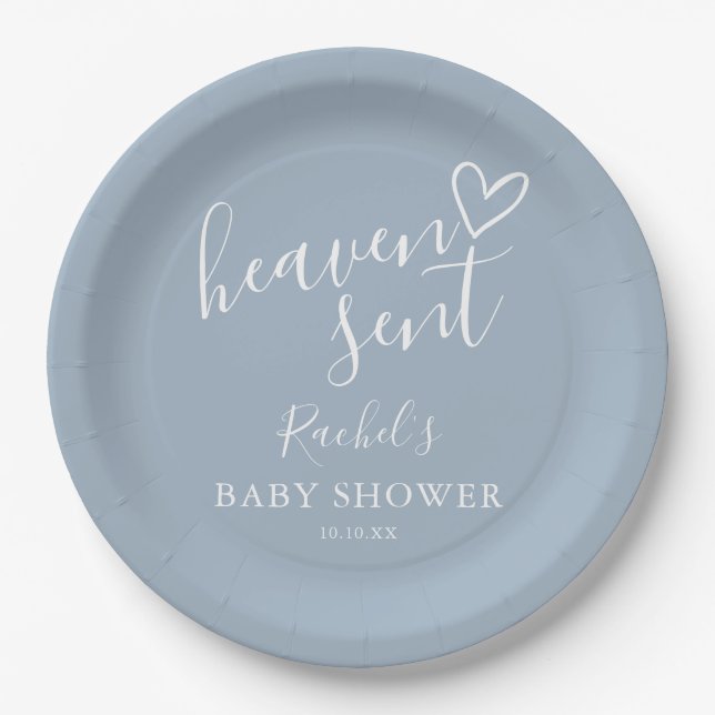 Heaven Sent Dusty Blue Boy Baby Shower Paper Plate (Front)