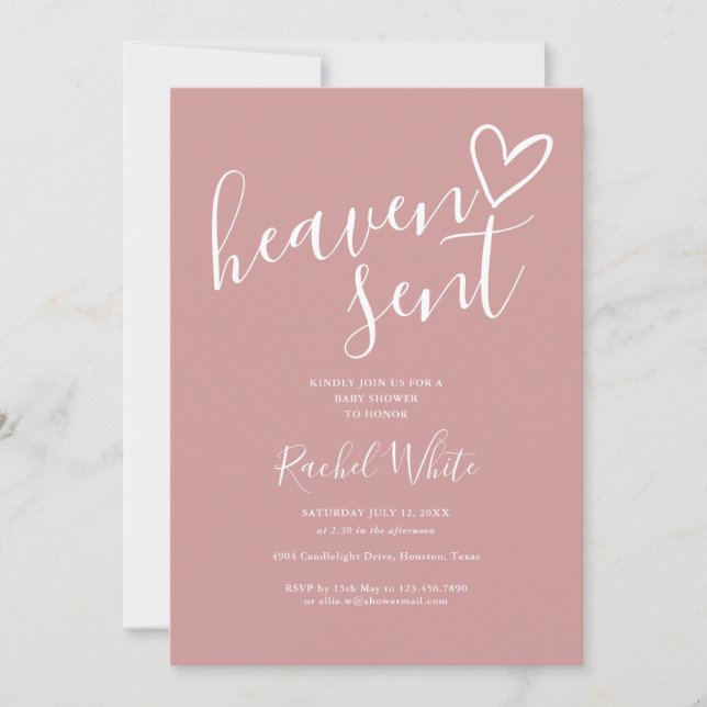 Heaven Sent Dusty Rose Pink All In One Baby Shower Invitation (Front)