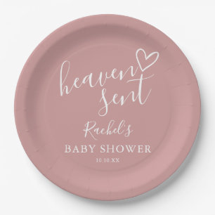 Heaven Sent Dusty Rose Pink Girl Baby Shower Paper Plate