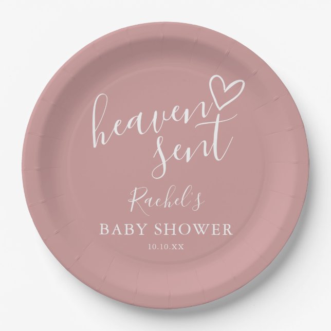 Heaven Sent Dusty Rose Pink Girl Baby Shower Paper Plate (Front)