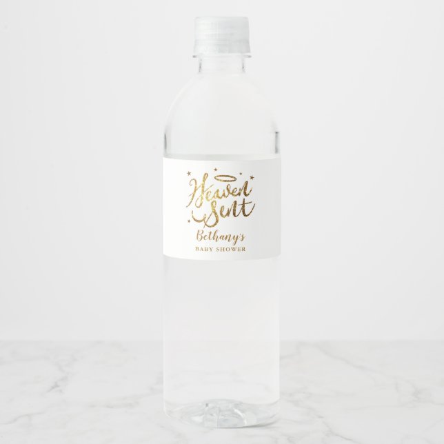 Heaven Sent Gender Neutral Baby Shower Water Bottle Label (Front)