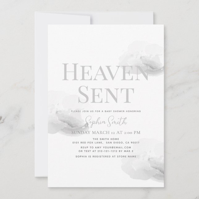 Heaven Sent Gender-neutral Grey Cloud Baby Shower Invitation (Front)