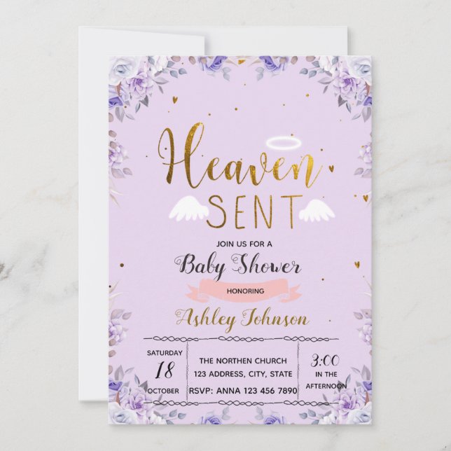 Heaven sent girl purple invitation (Front)