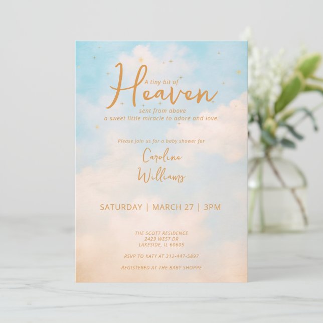 Heaven Sent Gold Gender Neutral Baby Shower Invitation (Standing Front)