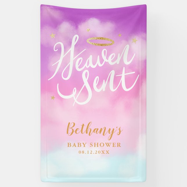 Heaven Sent Gold Halo Baby Shower Pink Banner (Vertical)