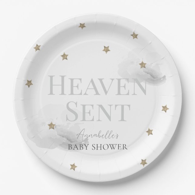 Heaven Sent Grey Cloud Gender-neutral Baby Shower Paper Plate (Front)