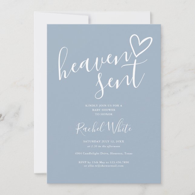 Heaven Sent Heart Dusty Blue Boy Baby Shower Invitation (Front)