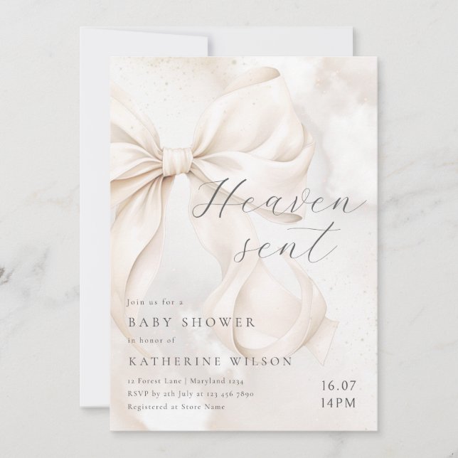 Heaven Sent Neutral Bow Baby Shower Invitation (Front)