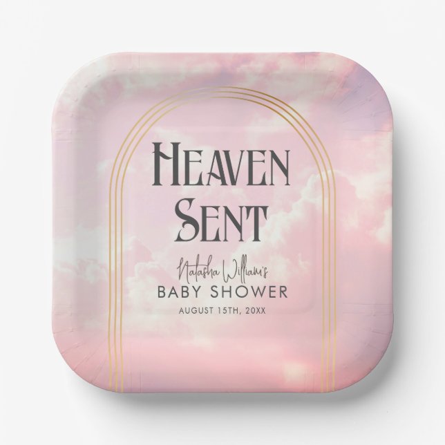 Heaven Sent Pink Clouds Gold Arch Baby Shower Paper Plate (Front)