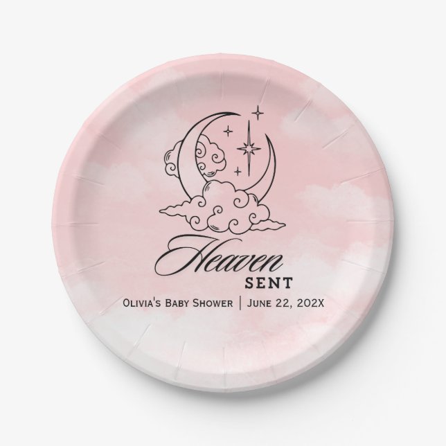  Heaven Sent Pink Moon Stars Baby Shower Paper Plate (Front)