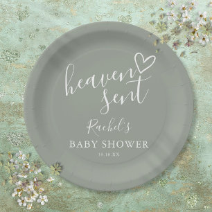 Heaven Sent Sage Green Gender Neutral Baby Shower Paper Plate