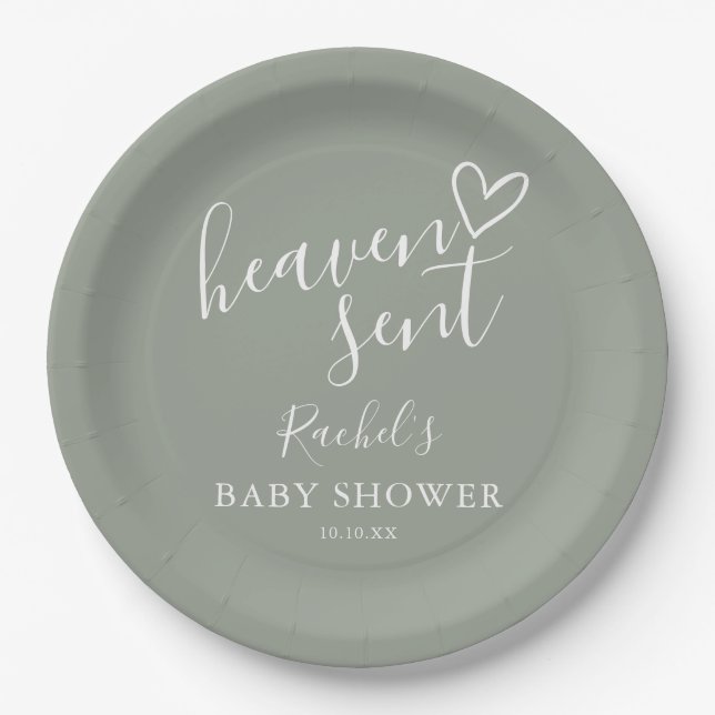 Heaven Sent Sage Green Gender Neutral Baby Shower Paper Plate (Front)