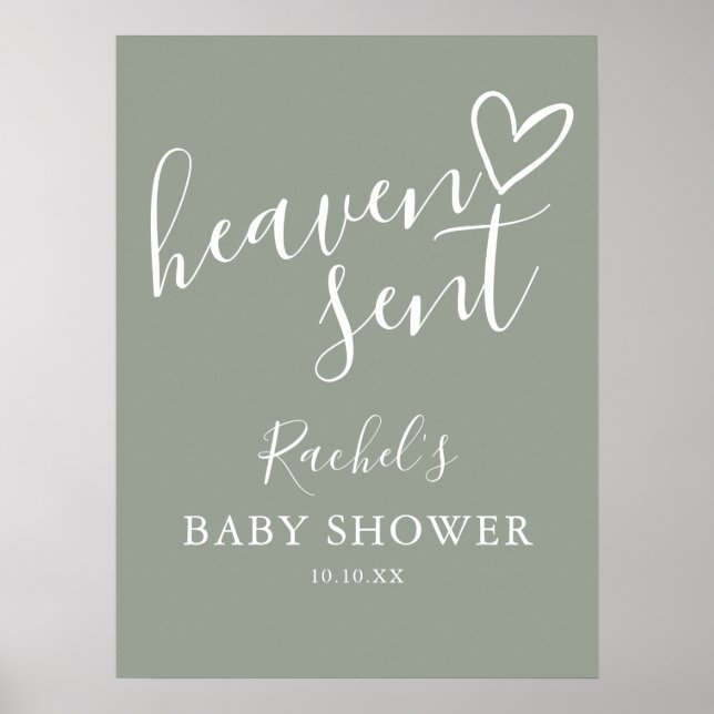 Heaven Sent Sage Green Neutral Baby Shower Sign (Front)
