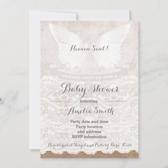 Heaven Sent Silver Taupe Angel Baby Shower Invitation (Front)