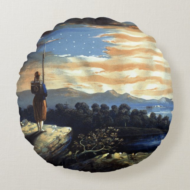 Heavenly American Flag in Sky, Zouave Civil War Round Cushion (Front)