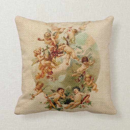 Image of Heavenly Angel Cherubs Vintage Script Burlap Cushion