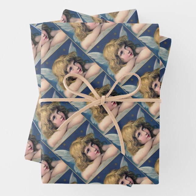 Heavenly angel daydreaming on a cloud in the sky wrapping paper sheet (In situ)