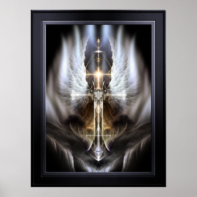 Heavenly Angel Wing Cross Black Fractal Art Poster (Front)