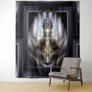 Heavenly Angel Wing Cross Black Fractal Art Tapestry