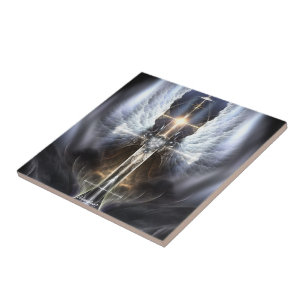 Heavenly Angel Wing Cross Fractal Art Tile