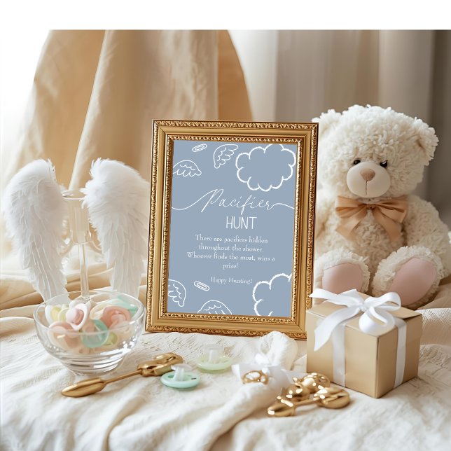 Heavenly baby shower blue Pacifier Hunt game Invitation (Heavenly baby shower blue Pacifier Hunt game)