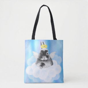 Heavenly Bliss: Grey and White Bunny on Cloud with Tote Bag