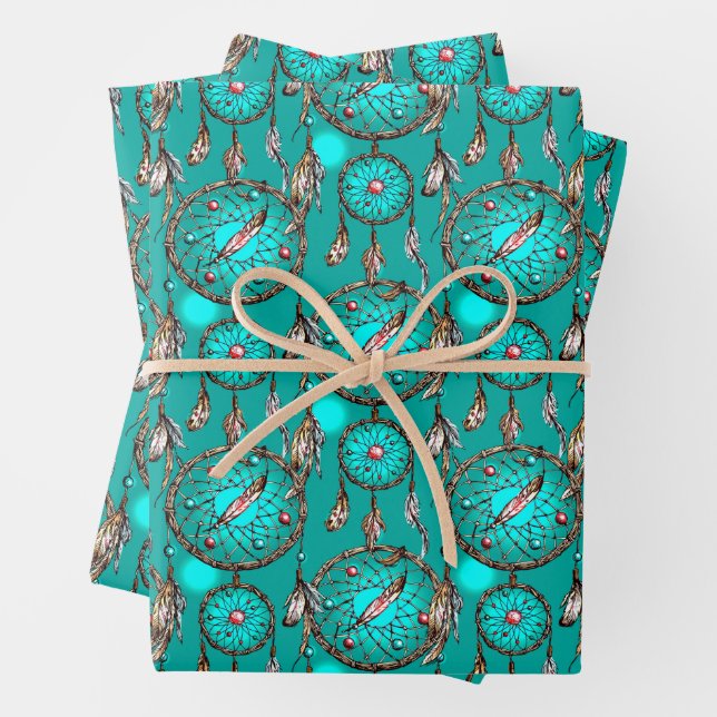 Heavenly Blue Dream Catcher Pattern Wrapping Paper Sheet (In situ)