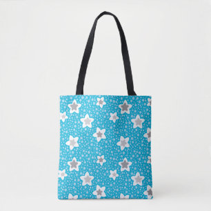 Heavenly blue polka dot retro with stars tote bag