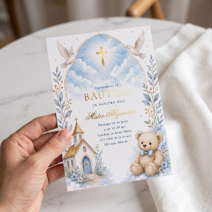 Heavenly Blue Teddy Bear Baptism Invitation