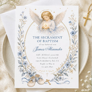 Heavenly Blue Watercolor Angel Baptism Invitation