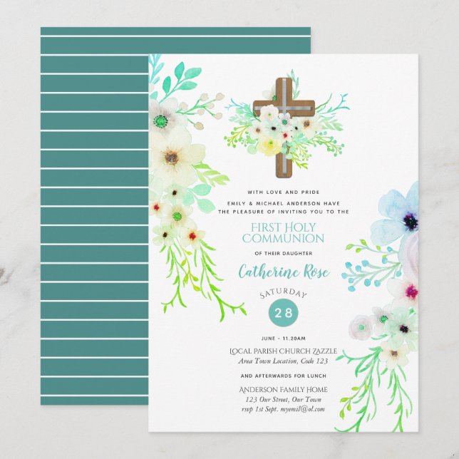 Heavenly Cross Holy Communion Invitation Flowers (Front/Back)