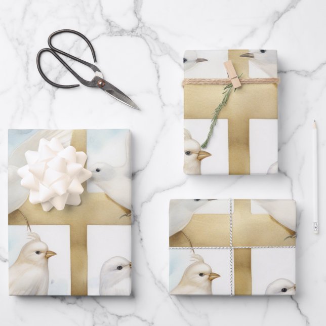 Heavenly Doves and Crosses Wrapping Paper Sheet (Front)