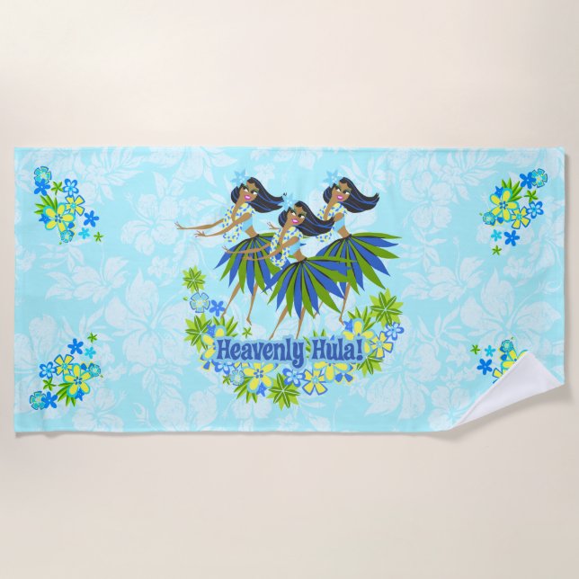 Heavenly Hula Hawaiian Hula Girl Turq Hibiscus Beach Towel (Front)