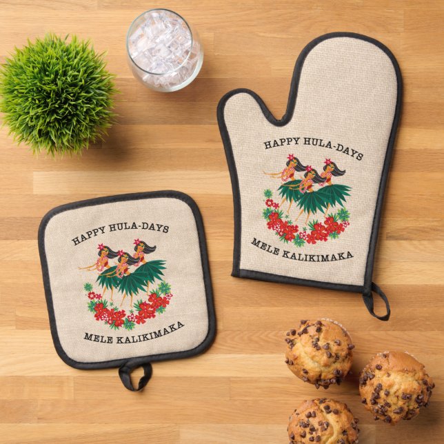 Heavenly Hula Holiday Hawaiian Hula Girls Oven Mitt & Pot Holder Set (Top Down)
