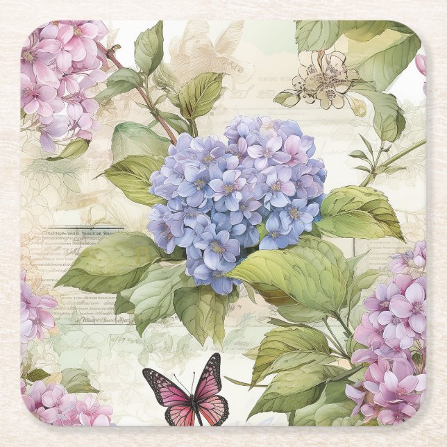 Heavenly Hydrangea Harmony Square Paper Coaster (Front)