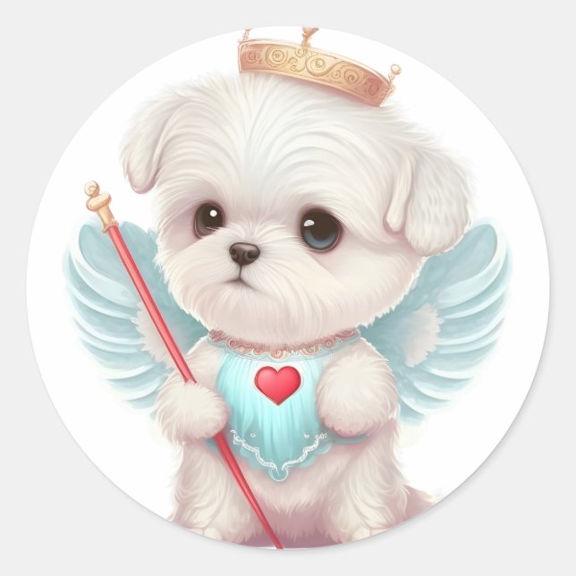 Heavenly Love: Cute Angel Maltese Dog Puppy Classic Round Sticker (Front)