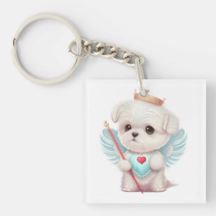 Heavenly Love: Cute Angel Maltese Dog Puppy Key Ring