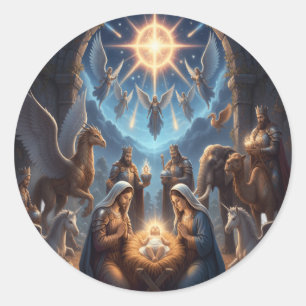Heavenly Nativity – Mythical Christmas Scene Stic Classic Round Sticker