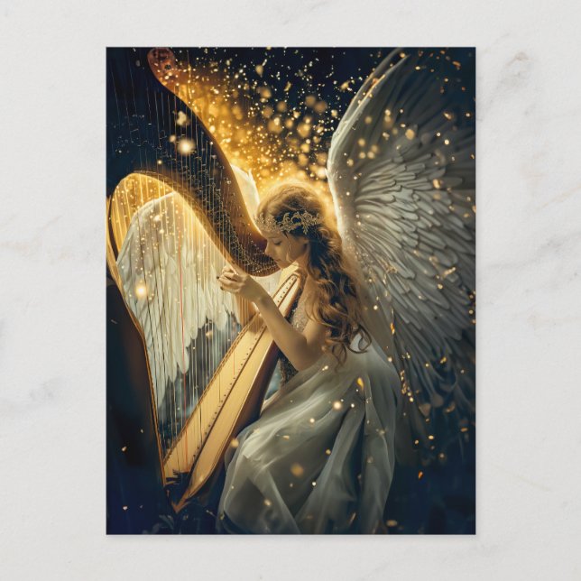 Heavenly Serenity Female Angel Playing the Harp Postcard (Front)