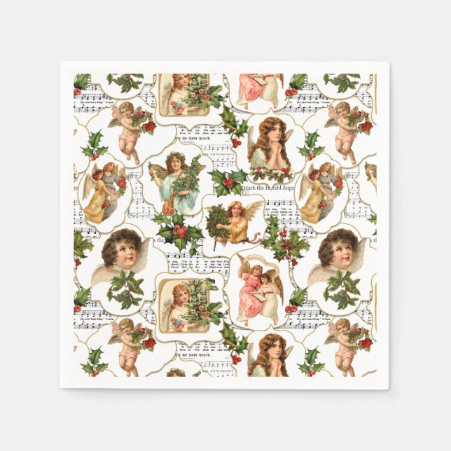 Heavenly Vintage Angels, Holly & Music Collage  Napkin (Front)