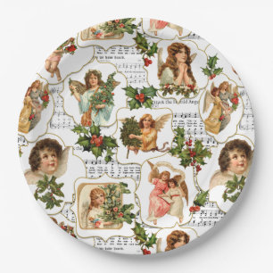 Heavenly Vintage Angels, Holly & Music Collage Paper Plate