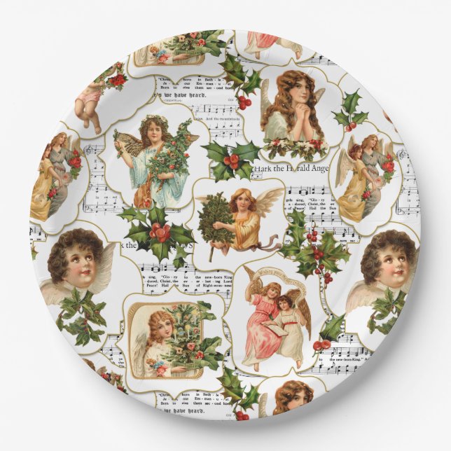 Heavenly Vintage Angels, Holly & Music Collage  Paper Plate (Front)