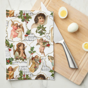 Heavenly Vintage Angels, Holly & Music Collage  Tea Towel